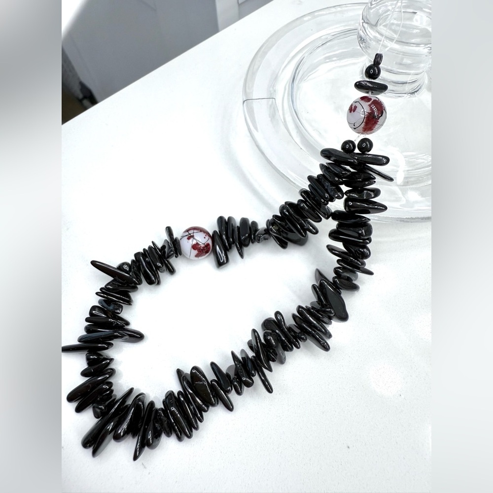 Cell wristlet, lanyard, keychain, bag/purse charm, glossy black, blood red beads